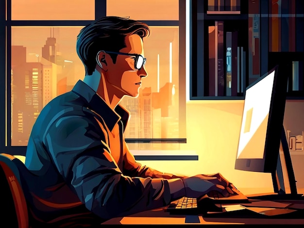 Vector man working on computer at home isolated