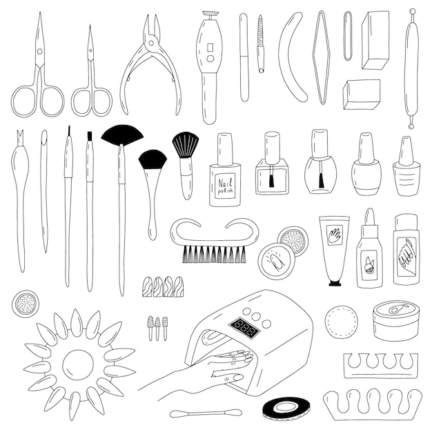 Vector vector manicure apparatuur set hand getrokken verschillende soorten manicure en pedicure tools set