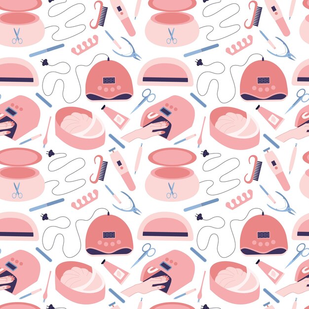 Vector manicure tools seamless pattern Different manicure salon instruments pattern UV lamp scissors