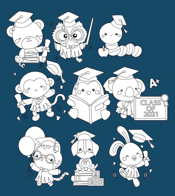 Vector vector of many animal mascots graduating in black and white colour