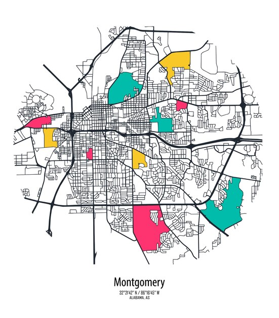 Vettore mappa vettoriale della città di montgomery alabama stati uniti