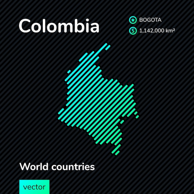 Vector map of Colombia in green colors on striped black background in flat style