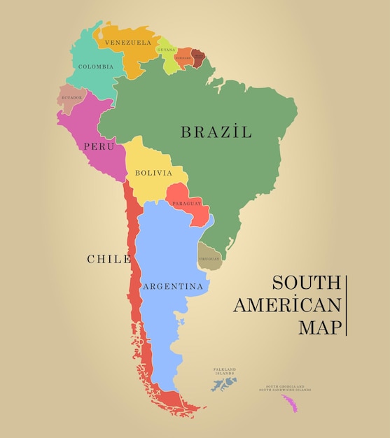 Vector vector map of south america with countries capitals and major cities