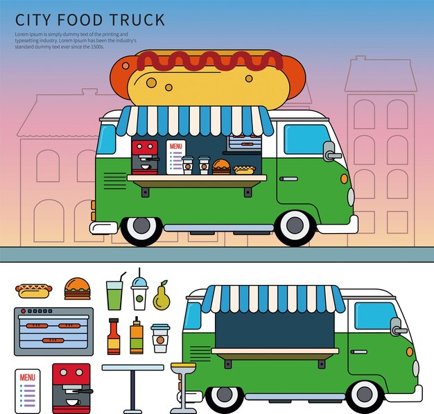 Vector vector map of summer ice drink and food truck