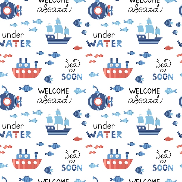 Vector marine seamless pattern in flat design White background with submarine steamship sailboat and fishes Ocean