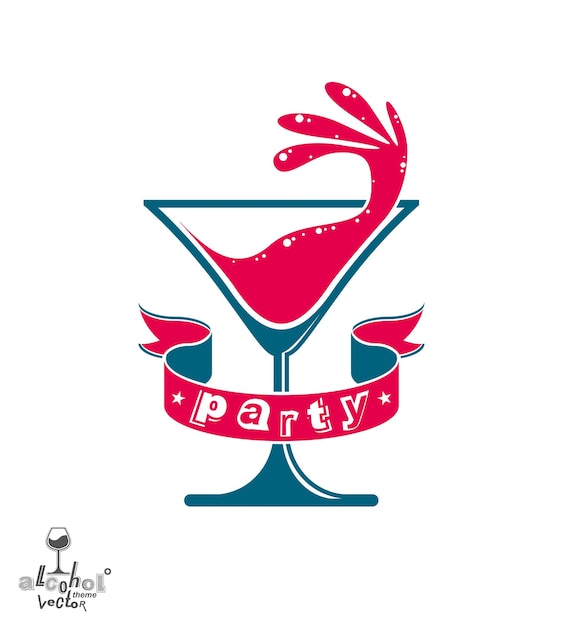 Vector martini glass with splash and curvy ribbon, beverage theme illustration. stylized artistic lounge object, event celebration – cocktail party.