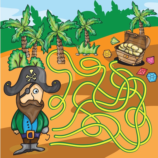 Vector maze game - funny pirate cerca di trovare treasure box nel deserto