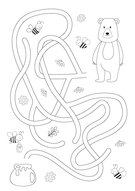 Vector maze isolated on white background Help the bear find a pot of honey Education logic game labyrinth for kids With the solution