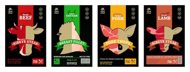 Vector meat labels meat textures farm animal icons