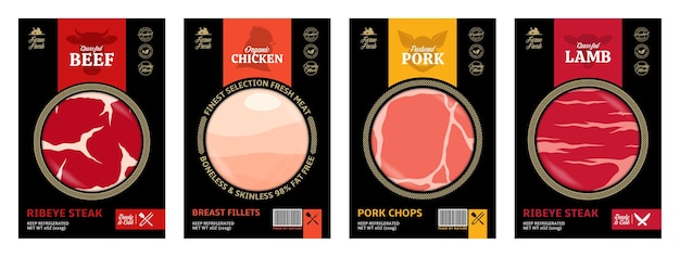 Вектор Векторная упаковка мяса, текстуры мяса, иконки сельскохозяйственных животных