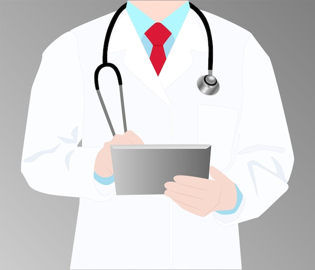 Vector medical background Screen Image Doctor in white coat with stethoscope and tablet Body Doctor close up without head