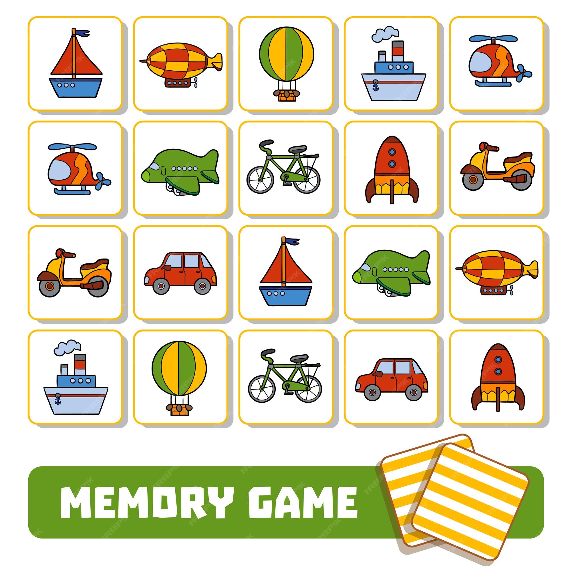 Memory Game for Preschool Children, Vector Cards with Cartoon