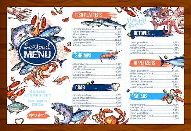 Vector vector menu for seafood or fish seafood restaurant