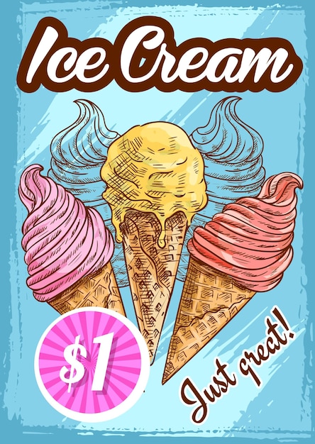 Manifesto di schizzo del menu di vettore per il dessert del gelato