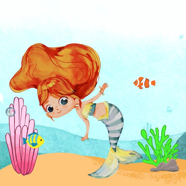 vector mermaid and fish in the sea
