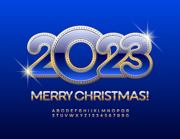 Vector Merry Christmas 2023 wenskaart. Moderne glanzende lettertype. Gouden Alfabetletters en cijfers set