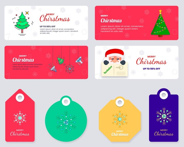 Vector Merry Christmas card set background banner design. flat style vector poster illustration