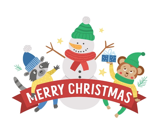 テキスト、雪だるま、アライグマ、猿とベクトルメリークリスマスの構成。バナー、ポスター、招待状の面白い冬の休日の背景デザイン。年賀状テンプレート