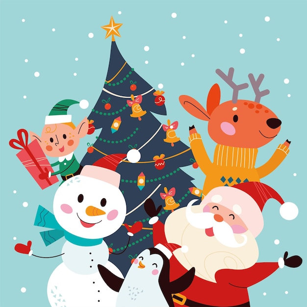 Vector merry christmas flat cartoon illustrazione con divertente babbo natale, pupazzo di neve, personaggi elfi, pinguino e renne all'albero di abete di natale decorato. per carta, banner, invito, poster, flayer.