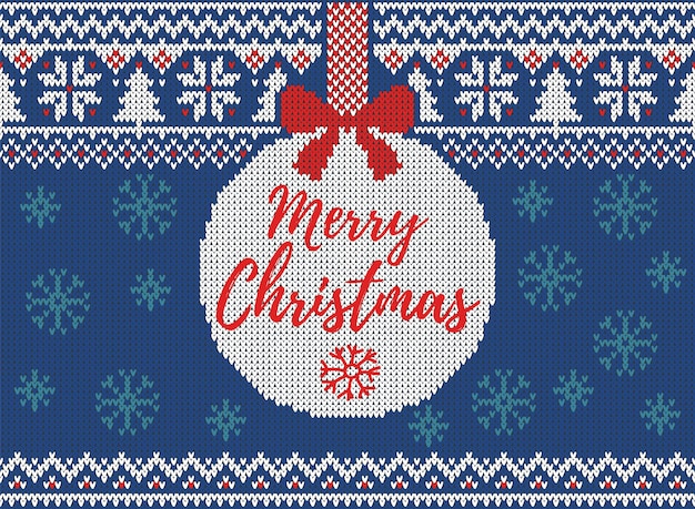 Vector Merry Christmas and New Year knitted pattern with Christmas balls snowflakes and fir