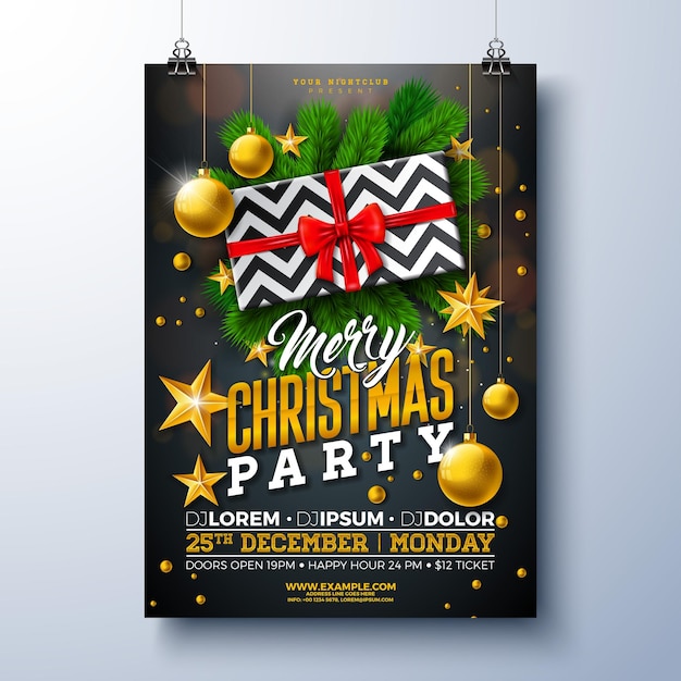 vector merry christmas party flyer design with ornament ball gift box and star on black background