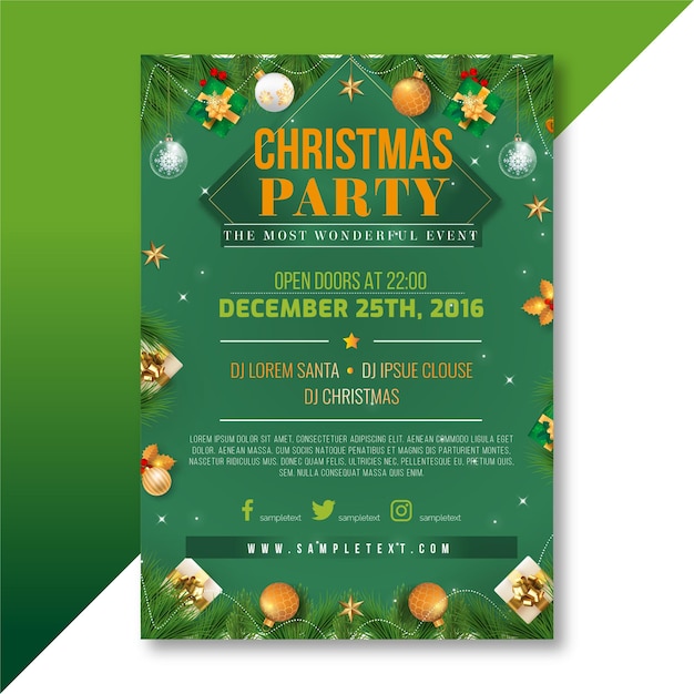 Vector merry christmas party invitation card with xmas tree baubles and event details