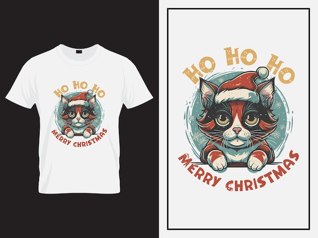 Vector Merry Christmas t shirt design with cute cat illustration