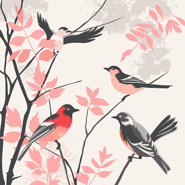 Vector met bullfinches en rowan takken met de hand getekend in pastelkleuren