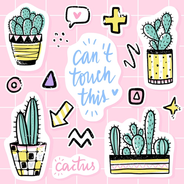 Vector met cactussen, positieve uitdrukkingen, elementen wordt geplaatst dat. Schattig vector cactus