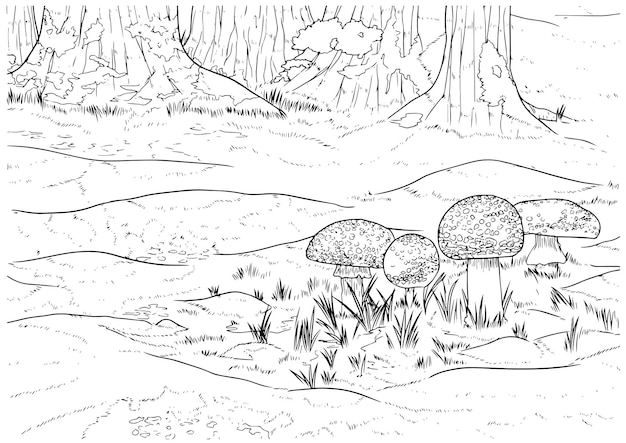 Vector met de hand getekende habitat paddenstoelen in natte bos contour illustratie