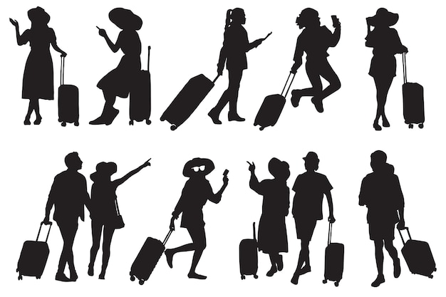 vector met de hand getekende mensen met koffer silhouet