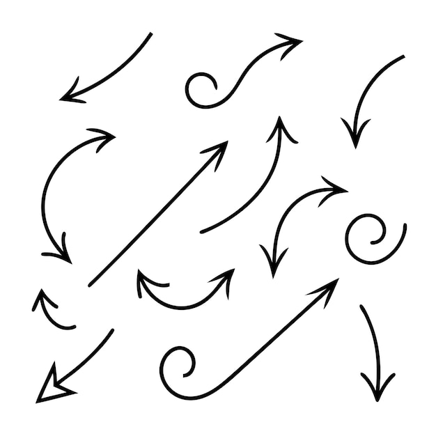 Vector met de hand getekende pijlen verzameling set eenvoudige platte pijlen geïsoleerd op witte achtergrond pijl merk iconen 24