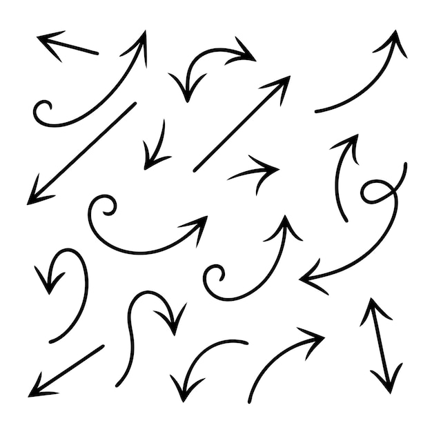 Vector met de hand getekende pijlen verzameling set eenvoudige platte pijlen geïsoleerd op witte achtergrond pijl merk iconen 3