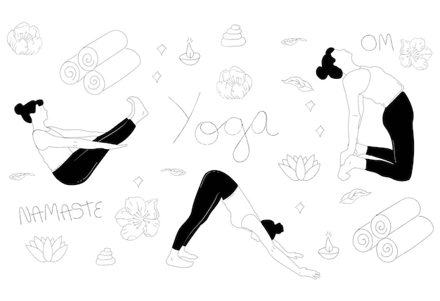 Vector vector met verzameling van logo's en yoga poses te downloaden en bewerken