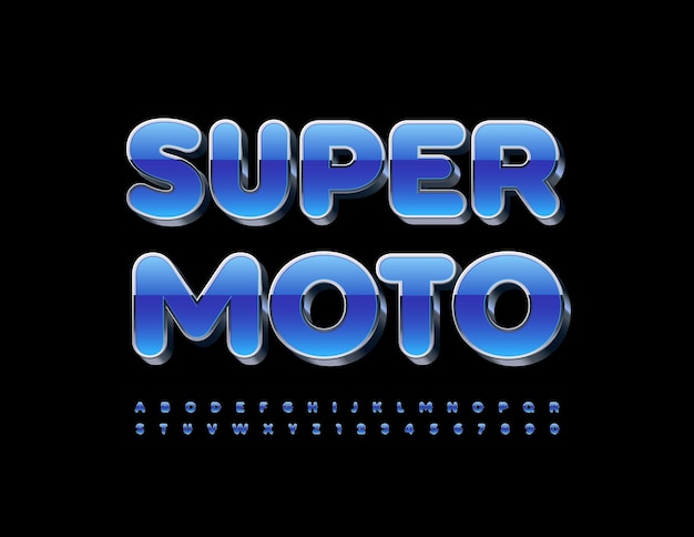 Векторная металлическая эмблема Super Moto. Синий и серебряный 3D-шрифт. Творческие буквы алфавита и цифры