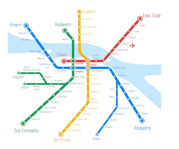 Vector vector metro kaart met rivier.