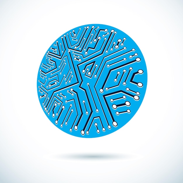 Vector microchip design, cpu. Information communication technology element, circuit board in round shape.