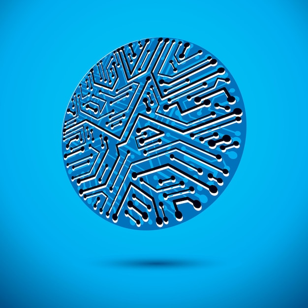 Vector microchip design, cpu. Information communication technology element, circuit board in round shape.