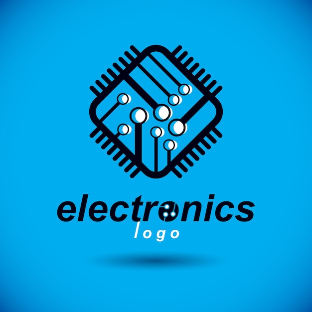 Design del microchip vettoriale, cpu. elemento di tecnologia della comunicazione dell'informazione, circuito stampato di forma quadrata. logo astratto schema a microprocessore.