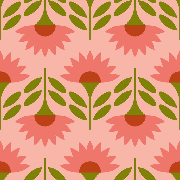 벡터 초록색, 분홍색, 오렌지색의 터 중세 모던 레트로 꽃 패턴