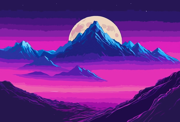 半夜太陽和紫色天空的山的向量