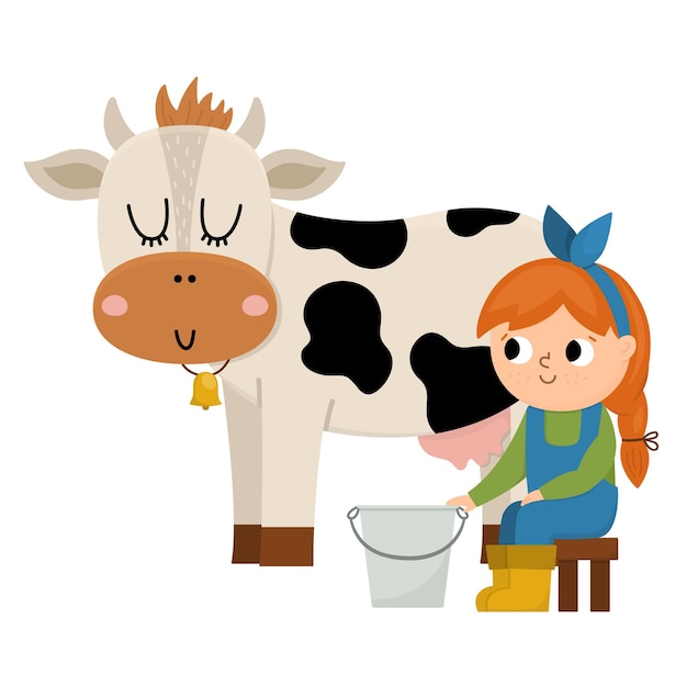 Векторная икона доярки Девушка-фермер доит корову Милый ребенок занимается сельскохозяйственными работами Сельская сцена Ребенок с милым животным Смешная иллюстрация фермы с героями мультфильмов