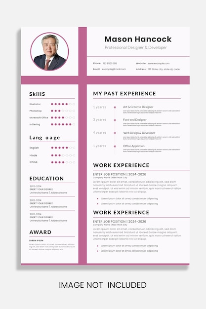 Vector minimalist black white and red cv resume template design with profile and header photo