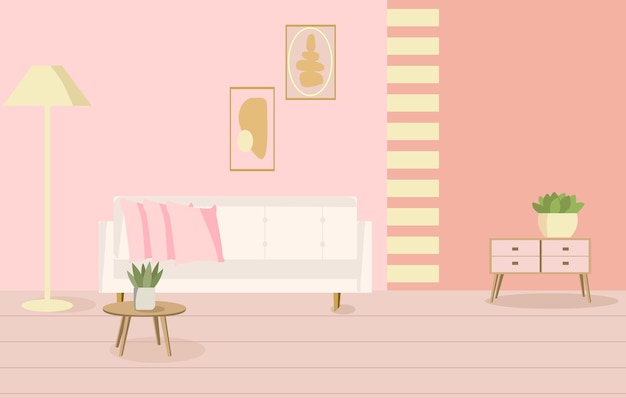 Vettore interior design minimalista vettoriale nei colori rosa soggiorno senza persone monocromatico