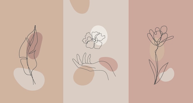 Vector minimalist style plants, hand. Line flower, nude colors. Hand drawn abstract print. Use for social media stories wallpapers, beauty logos, poster illustration, card, t-shirt print