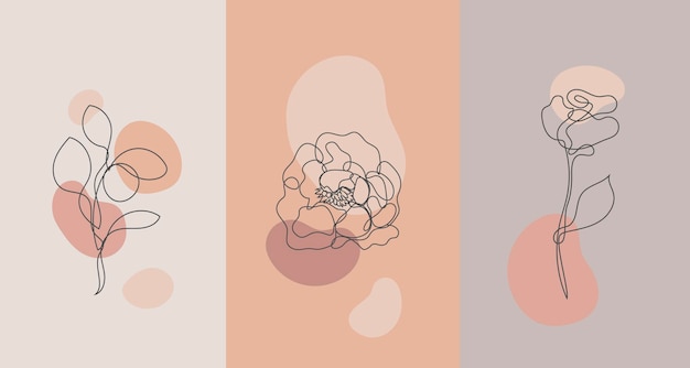 Vector minimalist style plants, rose. Line flower, nude colors. Hand drawn abstract print. Use for social media stories wallpapers, beauty logos, poster illustration, card, t-shirt print