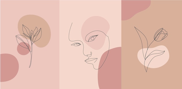 ベクトルミニマリストスタイルの肖像画ライン花の女性の肖像画手描きの抽象的な女性のプリントソーシャルネットストーリーに使用美容ロゴポスターイラストカード