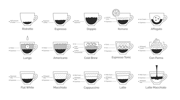 Vector vector minimalistic line art infographic illustration set of coffee recipes