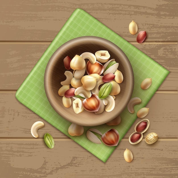 Vector vector mix of different nuts in wooden bowl whole and half hazelnut, pistachio, peanuts, cashew on table with green checkered napkin