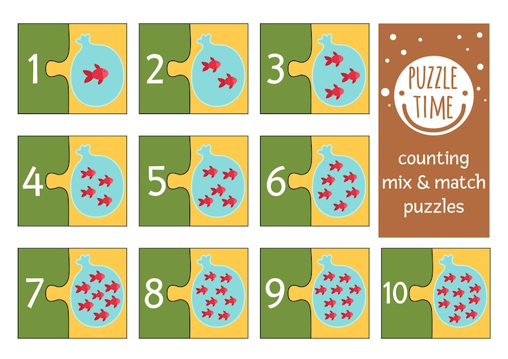 Vector vector mix and match puzzle with fish in plastic bag with water matching math activity for preschool children educational printable counting game for kids with cute animalsxa